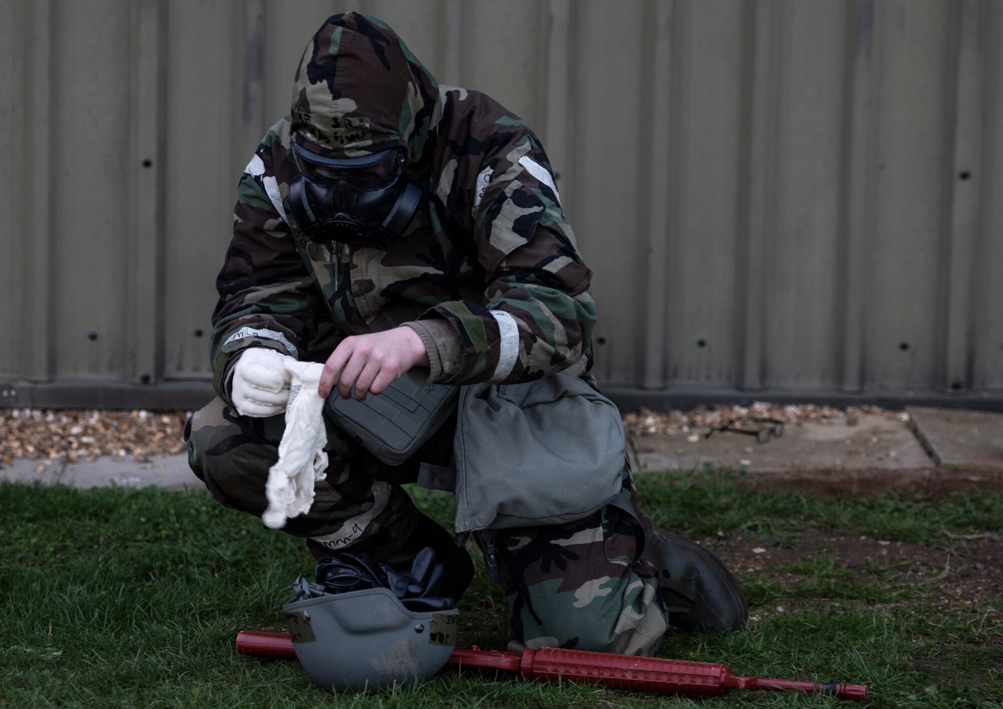 U.S. Air Force Airmen assigned to the 48th Civil Engineering Squadron perform post-attack reconnaissance sweeps during a readiness training at Royal Air Force Feltwell, Nov. 4, 2020. CES Airmen must maintain the ability to operate in all contingency environments through teamwork and practical application. (U.S. Air Force photo by Airman 1st Class Jessi Monte)