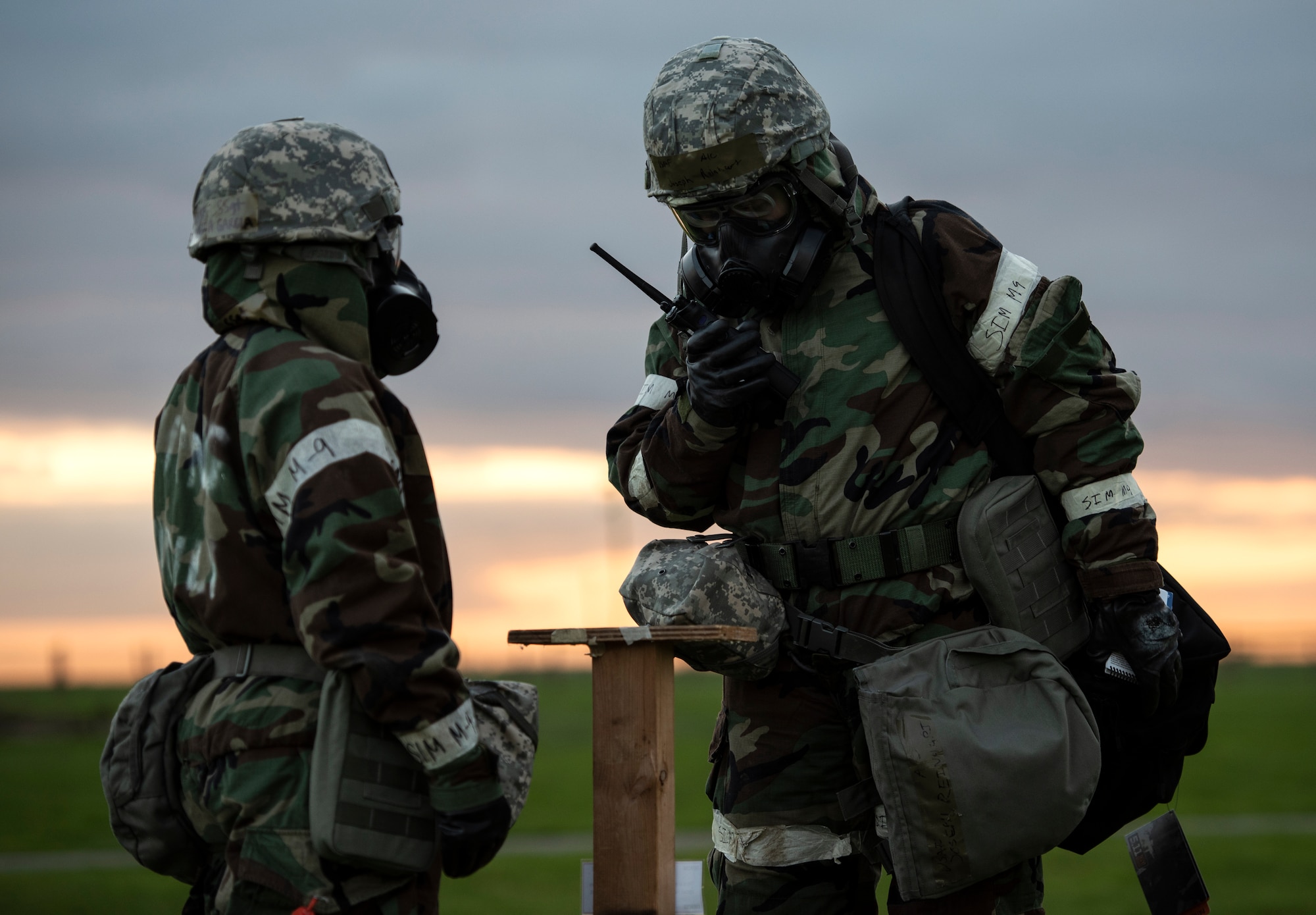 U.S. Air Force Airmen assigned to the 48th Civil Engineering Squadron perform post-attack reconnaissance sweeps during a readiness training at Royal Air Force Feltwell, Nov. 4, 2020. CES Airmen must maintain the ability to operate in all contingency environments through teamwork and practical application. (U.S. Air Force photo by Airman 1st Class Jessi Monte)