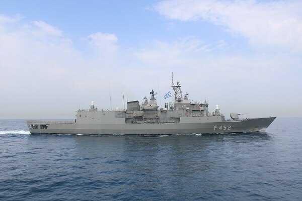 The Greek navy guided-missile frigate HS Hydra (F452) transits the Arabian Gulf.