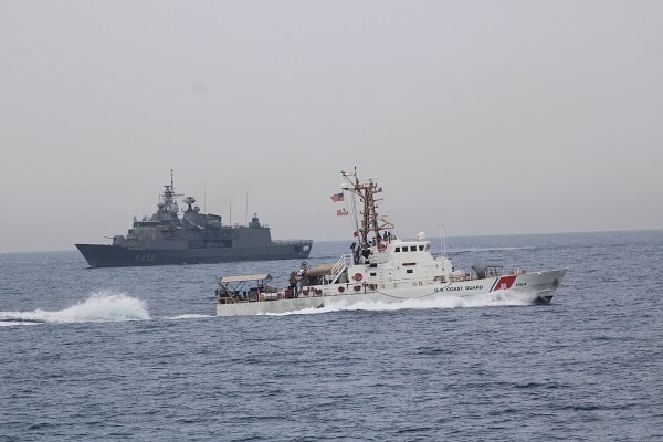 USCGC Maui (WPB 1304) and Greek navy guided-missile frigate HS Hydra (F452) participate in a passing exercise in the Arabian Gulf.