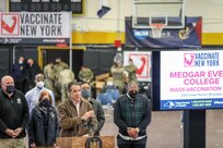 New York Governor Andrew Cuomo gives a speech following a walk-through of the state-run, federally-supported Medgar Evers College COVID Community Vaccination Center in Brooklyn, N.Y., Feb. 22, 2021.