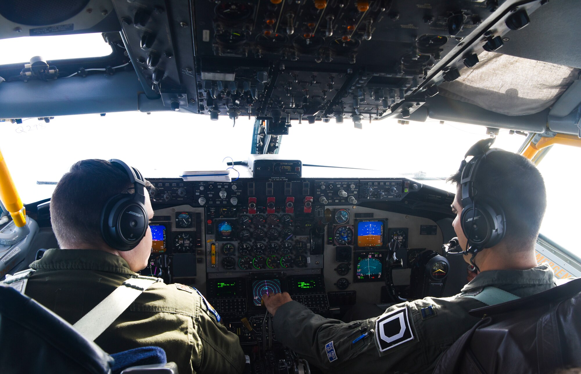 U.S. Air Force Maj. Guennadi Antonov, 351st Air Refueling Squadron pilot, and Capt. Paul Anguita, 351st ARS pilot, fly a KC-135 Stratotanker aircraft from the 100th Air Refueling Wing, Royal Air Force Mildenhall, England, Feb. 24 2021. The KC-135 provides the core aerial refueling capability for the U.S. Air Force and has excelled in this role for more than 60 years. (U.S. Air Force Photo by Airman 1st Class David C Busby)