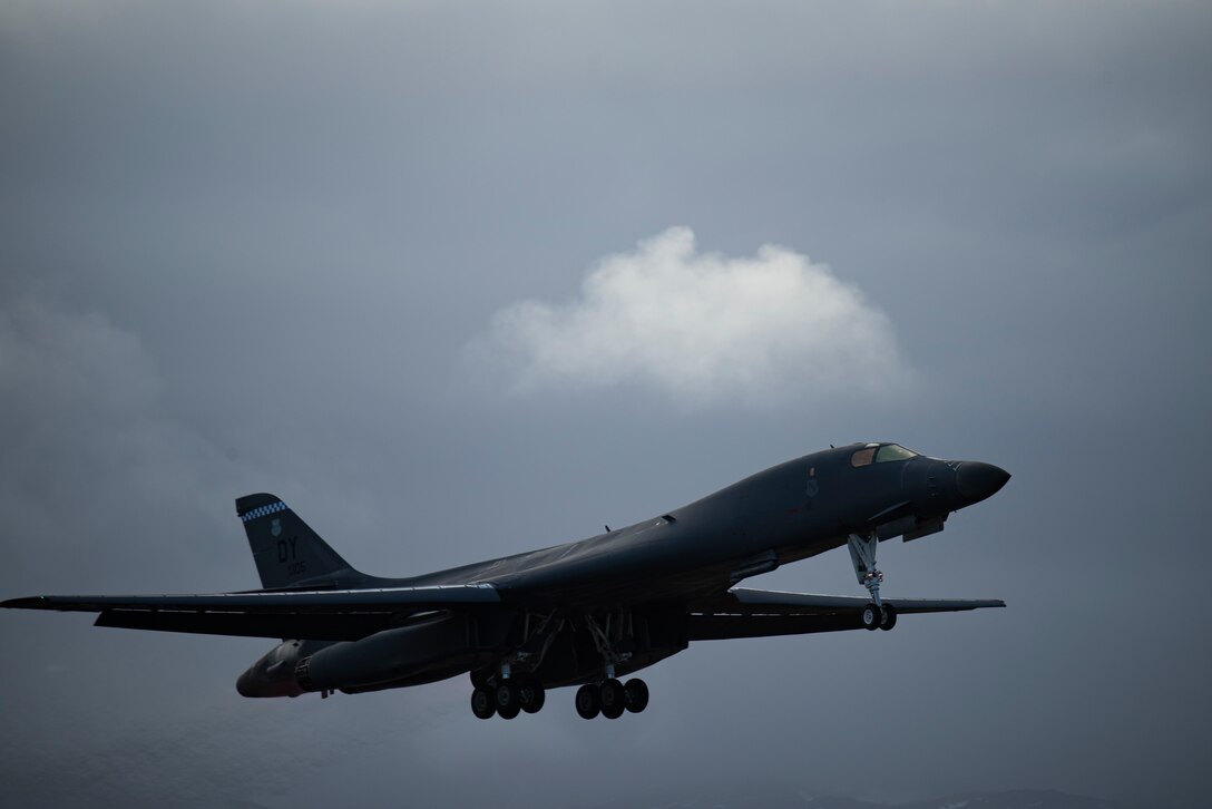 A B-1B Lancer assigned to the 9th Expeditionary Bomb Squadron takes off from Orland Air Force Station, Norway, Feb. 26, 2021. The B-1 aircrew participated in a local sortie where they integrated with Norwegian F-35s over the Norwegian Sea as a part of a Bomber Task Force Europe deployment. (U.S. Air Force photo by Airman 1st Class Colin Hollowell)
