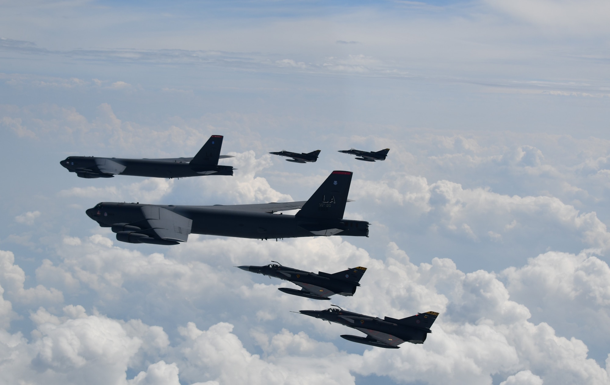 Two U.S. Air Force B-52H Stratofortress and Colombian Air Force Kfirs fighter aircraft participate in Brother’s Shield a Colombian Air Force lead exercise in Colombian airspace while in the U.S. Southern Command’s Area of Responsibility Nov 8, 2020. Brother’s Shield was accomplished on the Colombian Air Forces 101st anniversary. The B-52H crews supported the Colombian Air Force Kfir fighter aircraft pilots in air to air interception training while developing interoperability capabilities in order to increase hemispheric security and regional stability, under NATO standards between the U.S. and Colombia. (Colombian Air Force courtesy photo)