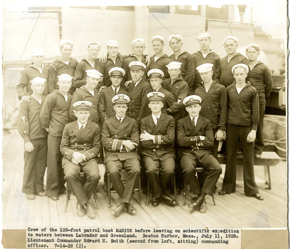 Crew of the 125-foot patrol boat MARION before leaving on scientific expedition to waters between Labrador and Greenland. Boston Harbor, Mass., July 11, 1928.