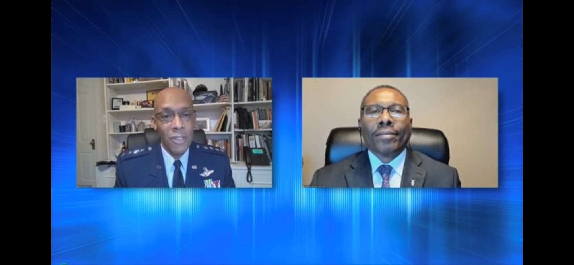 On screen conversation between Gen. Charles Q. Brown and Alphonso Thomas.