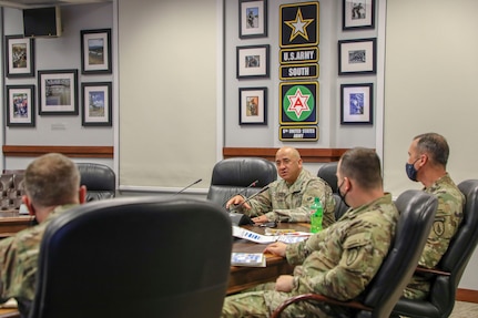 Col. Jeffrey T. Lopez, center, U.S. Army South Security Cooperation Division chief, shares information to members of the 1st Security Force Assistance Brigade about the U.S. Embassy in Honduras during Operation Alamo Shield Mission Prep, pre-deployment training seminar Feb. 24 at U.S. Army South headquarters, Fort Sam Houston, Texas. The Operation Alamo Shield pre-deployment training seminar, hosted by U.S. Army South, serves to prepare members of the 1st Security Force Assistance Brigade for future missions in Colombia, Honduras and Panama. The 1st SFAB, working alongside their Colombian, Honduran and Panamanian counterparts, strengthens existing regional partnerships and fosters a deeper professional and shared understanding of common challenges in the Western Hemisphere.