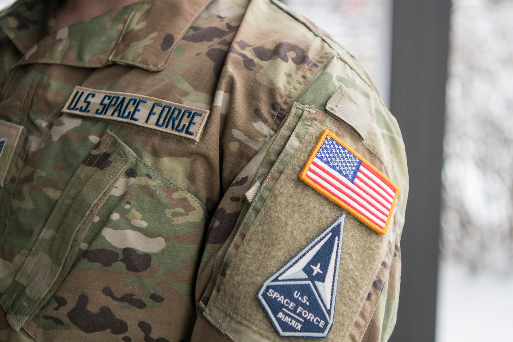 Staff Sgt. David Diehl II, 436th Communications Squadron noncommissioned officer in charge of wing cybersecurity, displays his new United States Space Force tapes and service branch patch at Dover Air Force Base, Delaware, Feb. 12, 2021. Diehl was one of three members of Team Dover accepted into the U.S. Space Force. (U.S. Air Force photo by Mauricio Campino)