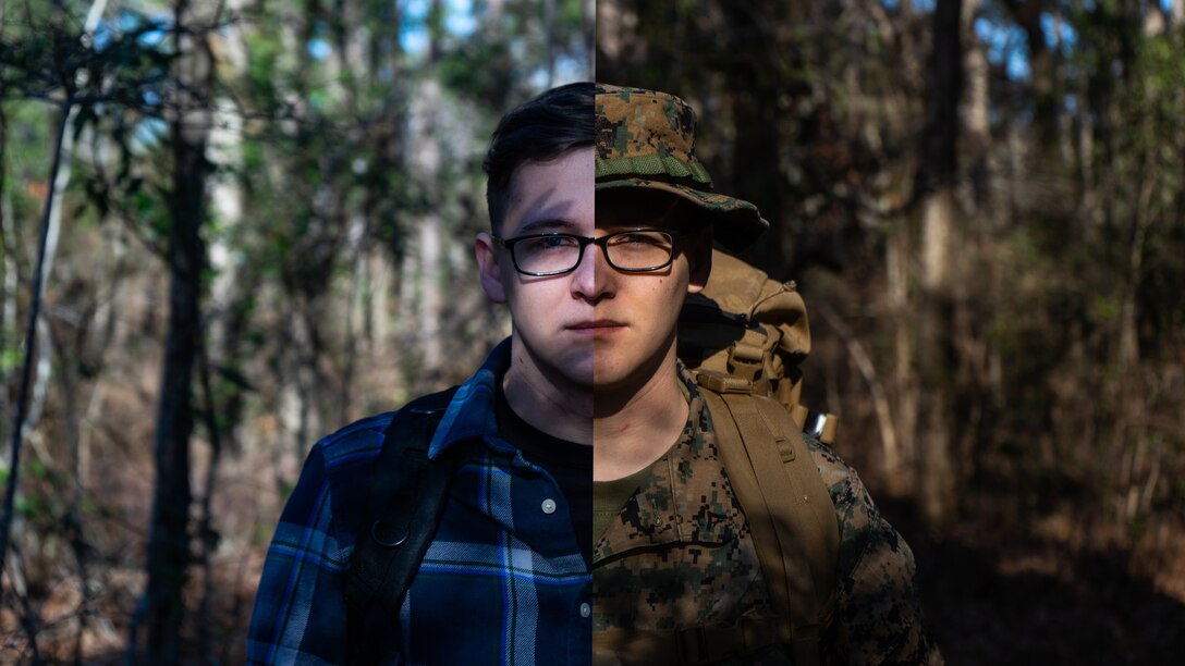 Lance Cpl. Jesse J. Hogsett, a company clerk with 2nd Radio Battalion, II Marine Expeditionary Force Information Group, poses for a photo on Camp Lejeune, North Carolina, Feb 25, 2021. “The best way to make a bad job better is to do it well,” said Hogsett, a native of Missoula, Mont.. A graduate of Frenchtown High School in Missoula, Hogsett seeks out tasks that need to be completed to lessen the load on his company staff. Hogsett’s leaders say that he approaches every task with a positive attitude and does all that he can to remain engaged with his MOS skills. (U.S. Marine Corps photo illustration by Sgt. Isaac Cantrell)