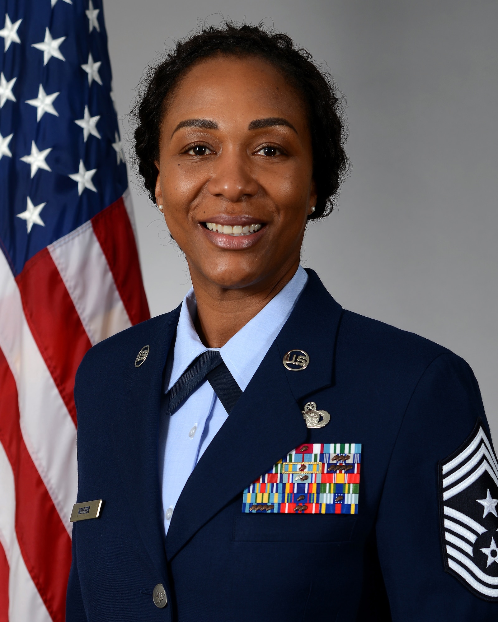 Chief Master Sgt. Melissa Royster, 22nd Air Refueling Wing command chief, poses for a photo May 5, 2019, at McConnell Air Force Base, Kansas. Royster is the first female African American Airman to serve as the command chief of the 22nd ARW. (U.S. Air Force photo by Senior Airman Michaela Slanchik)