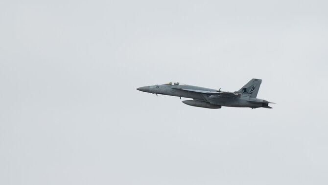 A U.S. Navy F/A-18 Super Hornet assigned to Strike Fighter Squadron 14 (VFA-14)from Naval Air Station Lemoore, California, takes off for a Weapons System Evaluation Program training flight at Tyndall Air Force Base, Florida, Feb. 19, 2021. WSEP’s joint operations and training help build and strengthen bonds throughout different units in the Department of Defense. (U.S. Air Force photo by Senior Airman Jacob Dastas)