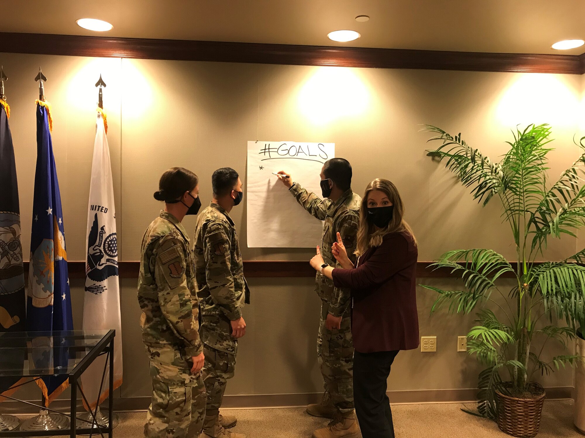 Goodfellow members begin a list of goals at the Norma Brown building on Goodfellow Air Force Base, Texas, Feb. 5, 2021. Goals are often tied to personal and team resiliency, as well as sustained success. (Courtesy photo provided by Stephanie Grunze-Swanson)