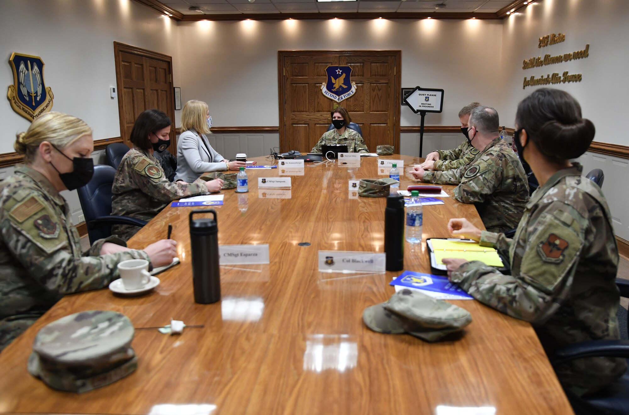 U.S. Air Force Brig. Gen. Chad Raduege, Director of Cyberspace and Information Dominance and Chief Information Officer, Headquarters Air Combat Command, Joint Base Langley-Eustis, Virginia, and Lauren Knausenberger, Chief Information Officer for the Department of the Air Force, comprised of the U.S. Air Force and U.S. Space Force, the Pentagon, Virginia, attend a cyber schoolhouse discussion with Keesler leadership at Keesler Air Force Base, Mississippi, Feb. 22, 2021. Raduege and Knausenberger also received an 81st Training Group immersion tour and attended the 39th Information Operations Squadron Detachment 2 activation ceremony during his visit. (U.S. Air Force photo by Kemberly Groue)