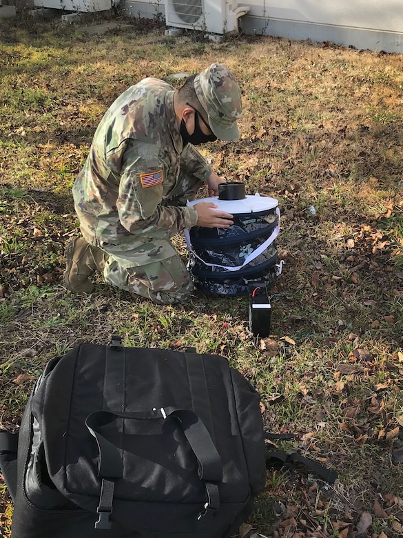 Staff Sgt. Matthew Pascual, noncommissioned officer in charge of entomology for Public Health Command-Pacific in Japan, assembles the BG-Sentinel 2 trap, specialized at collecting the day biting mosquitoes Aedes albopictus, Ae. aegypti, and Ae. polynesiensis on Camp Zama, Japan, Feb. 25, 2021. Collecting vector samples allows for PHC-P scientists to analyze areas of interest for potential vector-borne diseases that could impact the health of the force.