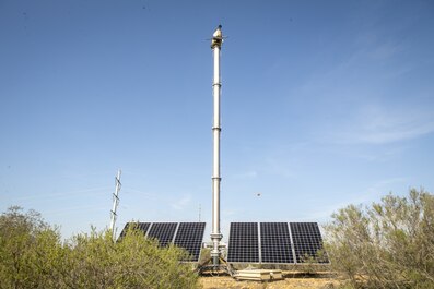 An Anduril Lattice sentry tower on Marine Corps Air Station Miramar, San Diego, California, Feb. 8, 2021. The Lattice platform towers are utilized on MCAS Miramar as part of the Installation nExt initiatives and are equipped with the latest sensor and networking technology to improve base security and the upkeep of wildlife preservation measures in remote areas of the base. (U.S. Marine Corps photo by Lance Cpl. Jose GuerreroDeLeon)