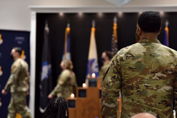 Retired U.S. Air Force Chief Master Sgt. Daniel Stein, guest speaker, delivers key points about being a new chief master sergeant during the chief master sergeant induction ceremony at the Event Center on Goodfellow Air Force, Texas, Feb. 25, 2021. Stein highlighted how every chief master sergeant was once the lowest rank of Airman at the beginning of their career and to always remember what it feels like to be that Airman. (U.S. Air Force photo by Staff Sgt. Seraiah Wolf)