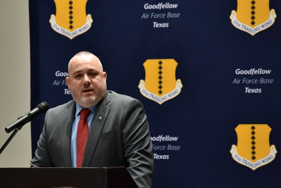 Retired U.S. Air Force Chief Master Sgt. Daniel Stein, guest speaker, delivers key points about being a new chief master sergeant during the chief master sergeant induction ceremony at the Event Center on Goodfellow Air Force, Texas, Feb. 25, 2021. Stein highlighted how every chief master sergeant was once the lowest rank of Airman at the beginning of their career and to always remember what it feels like to be that Airman. (U.S. Air Force photo by Staff Sgt. Seraiah Wolf)