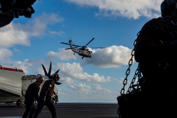 210228-N-OB471-1016 ATLANTIC OCEAN (Feb. 28, 2021) An MH-60S Sea Hawk, attached to the "Dusty Dogs" of Helicopter Sea Combat Squadron (HSC) 7, takes off from the flight deck aboard the Nimitz-class aircraft carrier USS Dwight D. Eisenhower (CVN 69), in the Atlantic Ocean, February 28, 2021. Ike is on a routine deployment supporting U.S. national security interests in Europe and increasing theater cooperation and forward naval presence in the U.S. 6th fleet area of operations. (U.S. Navy photo by Mass Communication Specialist Seaman Jacob Hilgendorf/Released)