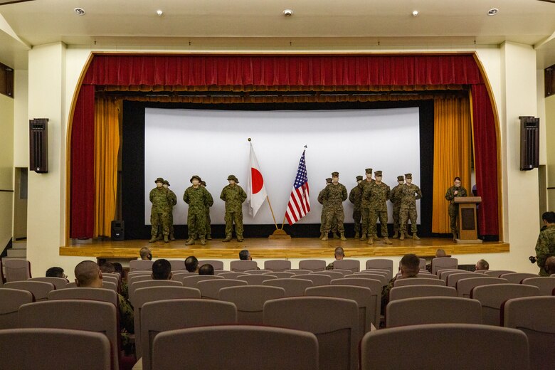 U.S. Marines and Japan Ground Self-Defense Force service members conduct the opening ceremony of Exercise Yama Sakura 79 on Camp Courtney, Okinawa, Japan, Dec. 8, 2020.