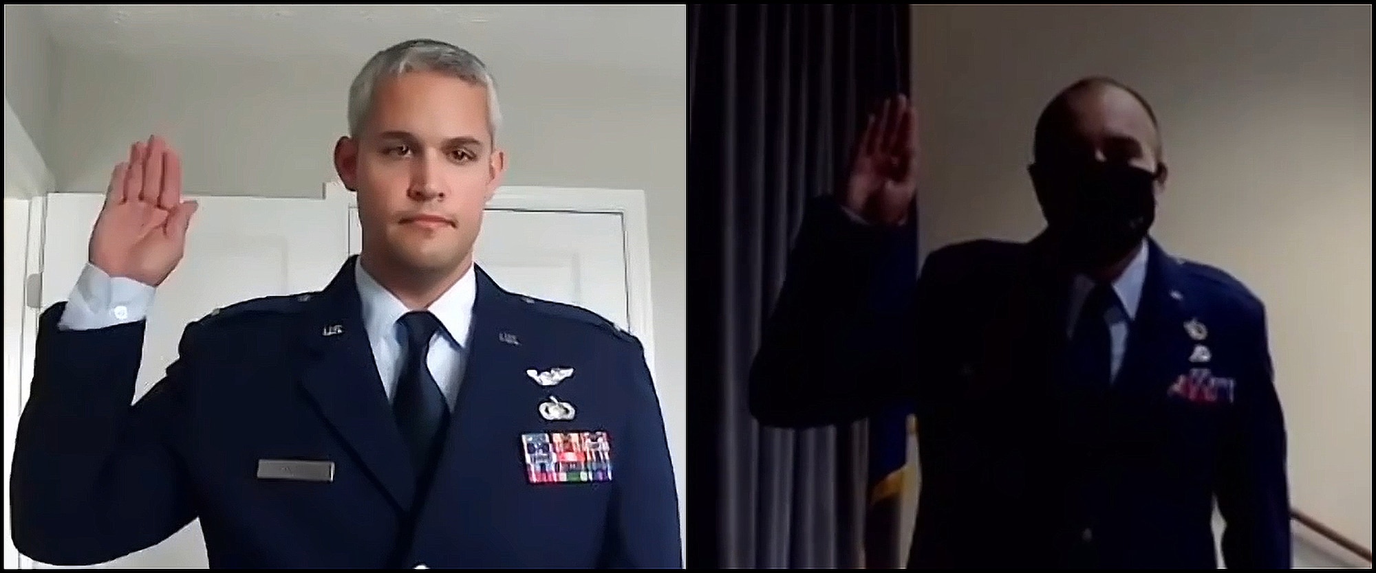 (Then) Officer Trainee Samuel Vasquez, 63rd Intelligence Squadron, affirms the Oath of Office, administered virtually by his former 63rd IS colleague, 2nd Lt. Christopher Ramirez, 71st Intelligence Squadron. Vasquez will continue to serve at the 42nd Intelligence Squadron. Ramirez and Vasquez were each selected for a chance to commission during the 655 ISRW’s Non-Extended Active Duty Airmen Commissioning Program boards of 2018 and 2019, and are now leading elsewhere within the 655th Intelligence, Surveillance and Reconnaissance Wing. (U.S. Air Force photo by 2nd Lt. Christopher P. Ramirez)