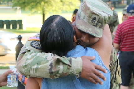 One of the final groups of Maryland and Virginia National Guard Soldiers assigned to the Fort Belvoir-based 29th Infantry Division returns to Virginia July 25, 2017, after serving on federal active duty since November 2016.