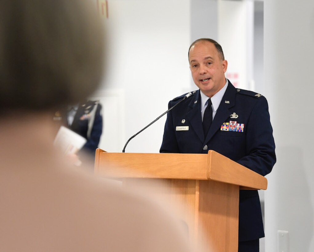 Air Force Band Commander Colonel Don Schofield accepts the National Endowment of the Arts Award from Secretary of the Air Force Barbara Barrett during a ceremony in the Pentagon, Washington, D.C., Dec 2, 2020. (US Air Force Photo by Andy Morataya)