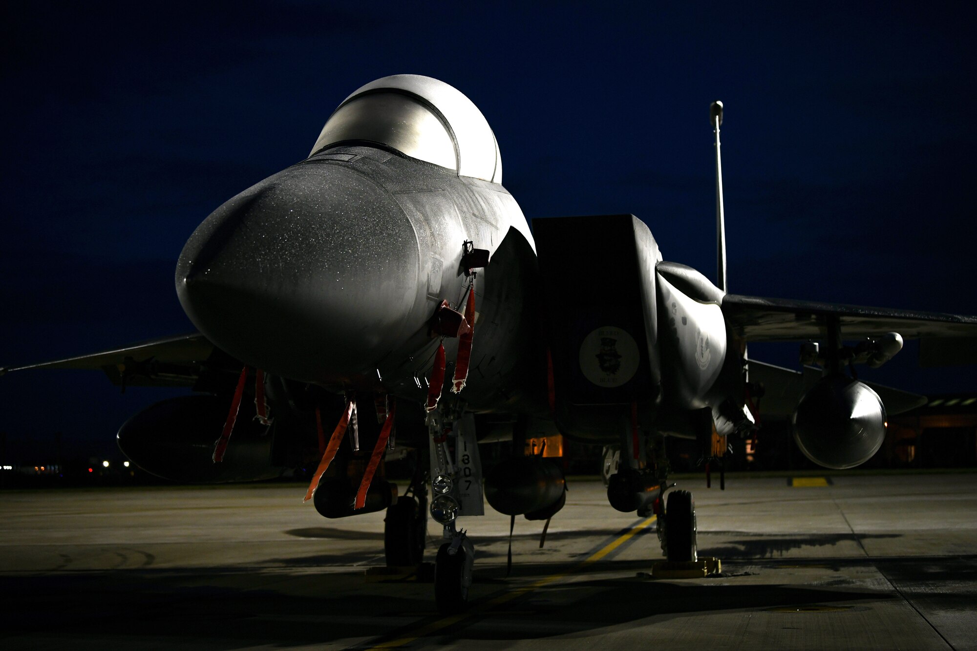 An F-15E Strike Eagle stands static on the flightline before morning takeoffs at Royal Air Force Lakenheath, England, Jan. 5, 2021. The 48th Fighter Wing conducts daily flying operations in order to ensure the Liberty Wing can deliver unique air combat capabilities when called upon by its NATO allies. (U.S. Air Force photo by Senior Airman Madeline Herzog)