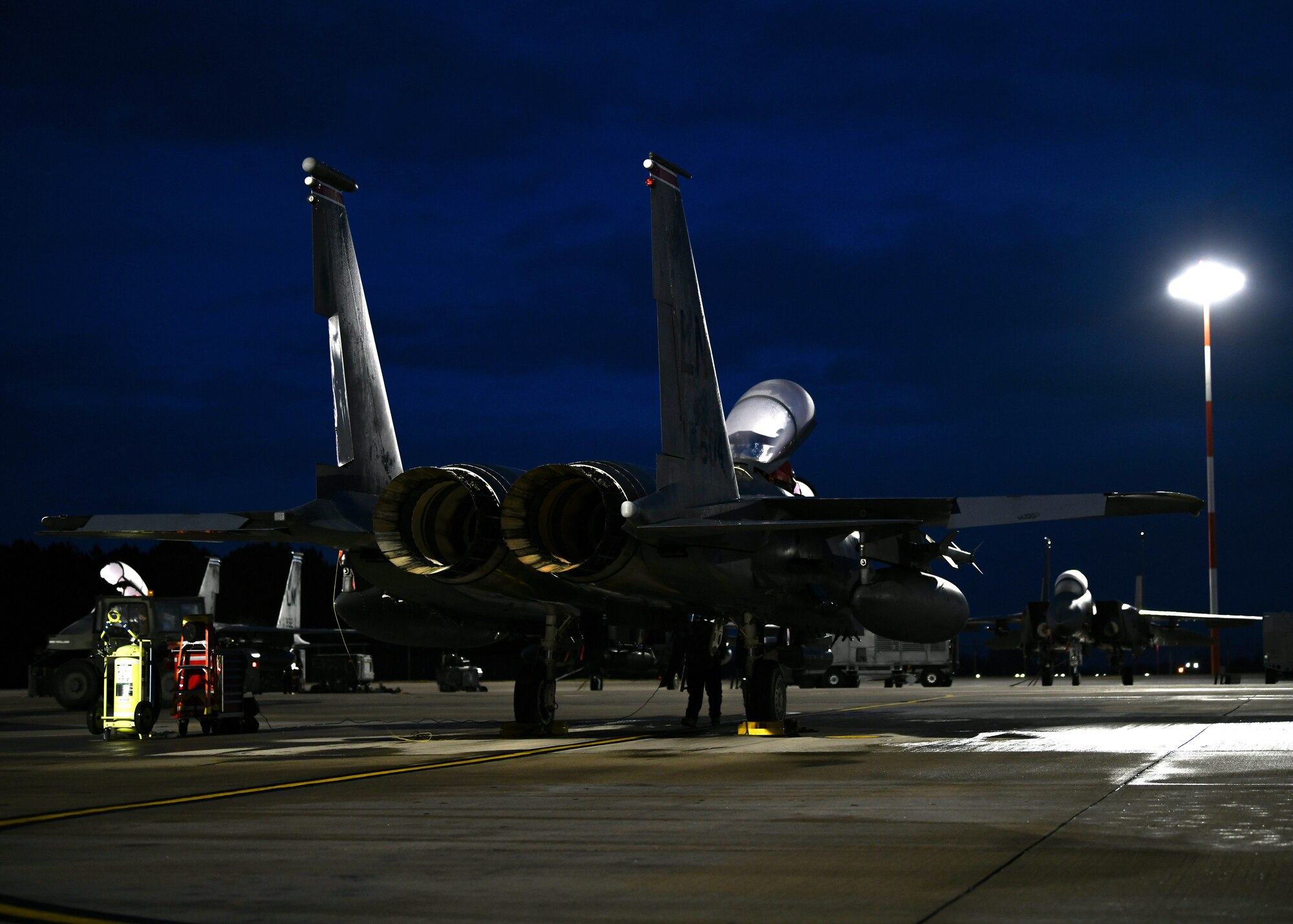 An F-15E Strike Eagle assigned to the 494th Fighter Squadron stands static on the flightline at Royal Air Force Lakenheath, England, Jan. 5, 2021. The 48th Fighter Wing maintains combat readiness through daily training, ensuring the ability to provide superior airpower capabilities in support of United States interests and those of their allies and partners.  (U.S. Air Force photo by Senior Airman Madeline Herzog)