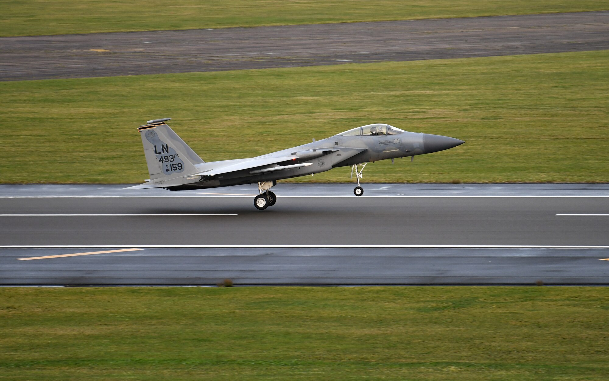 An F-15C Eagle assigned to the 493rd Fighter Squadron takes off for the first time in the new year at Royal Air Force Lakenheath, England, Jan. 5, 2021. The 48th Fighter Wing conducts daily flying operations in order to ensure the Liberty Wing can deliver unique air combat capabilities when called upon by its NATO allies. (U.S. Air Force photo by Senior Airman Madeline Herzog)