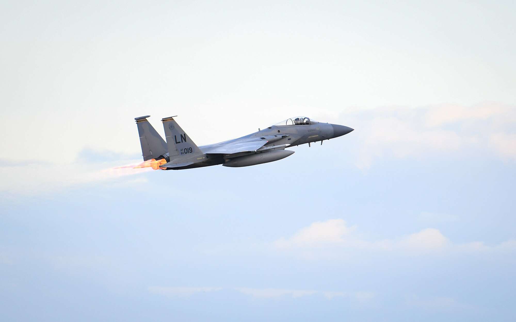An F-15C Eagle assigned to the 493rd Fighter Squadron takes off for the first time in the new year at Royal Air Force Lakenheath, England, Jan. 5, 2021. The 48th Fighter Wing conducts daily flying operations in order to ensure the Liberty Wing can deliver unique air combat capabilities when called upon by its NATO allies. (U.S. Air Force photo by Senior Airman Madeline Herzog)