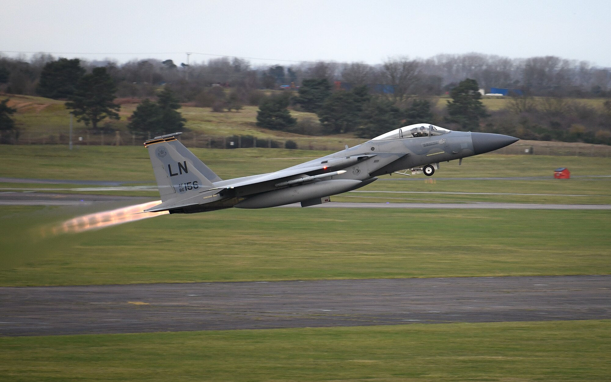 An F-15C Eagle assigned to the 493rd Fighter Squadron takes off for the first time in the new year at Royal Air Force Lakenheath, England, Jan. 5, 2021. The 48th Fighter Wing conducts daily flying operations in order to ensure the Liberty Wing can deliver unique air combat capabilities when called upon by its NATO allies. (U.S. Air Force photo by Senior Airman Madeline Herzog)