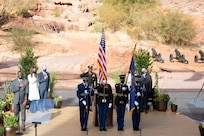 Gov. Spencer J. Cox salutes as members of Utah National Guard Honor Guard presents the colors at his inauguration ceremony at the Tuacahn Center for the Arts Amphitheatre in Ivins, Utah Jan. 4, 2021. .