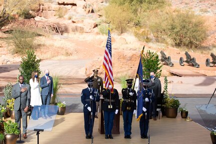 Gov. Spencer J. Cox salutes as members of Utah National Guard Honor Guard presents the colors at his inauguration ceremony at the Tuacahn Center for the Arts Amphitheatre in Ivins, Utah Jan. 4, 2021. .