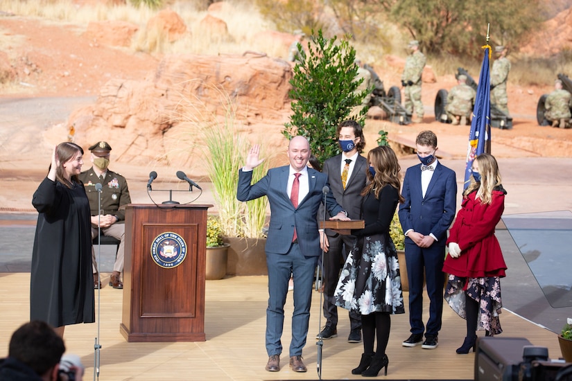 Gov. Elect Spencer Cox officially became Utah’s 18th governor after Justice Paige Petersen administered the oath of office during his inauguration ceremony at Tuacahan Center for the Arts in Ivins, Washington County, Utah on Jan. 4, 2021,.