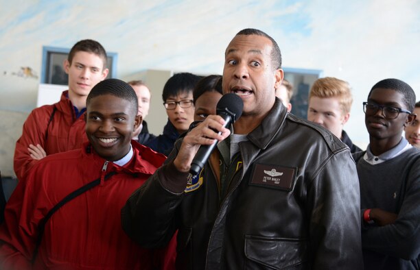 Then Col. Peter Bailey, now brigadier general and current Second Air Force Air National Guard assistant to the commander, talks with students during an Aim High Outreach event at Maxwell Air Force Base, Ala., Nov. 15, 2019. Aim High is an Air Force Recruiting Service Detachment 1-sponsored event that fosters youth engagement, community outreach, professional development and networking. General officers like Bailey are being asked to participate in the GO Inspire program that is designed for Air and Space Force generals to get out and engage youth and youth influencers from underrepresented groups across the nation. (U.S. Air Force photo by Master Sgt. Chance Babin)