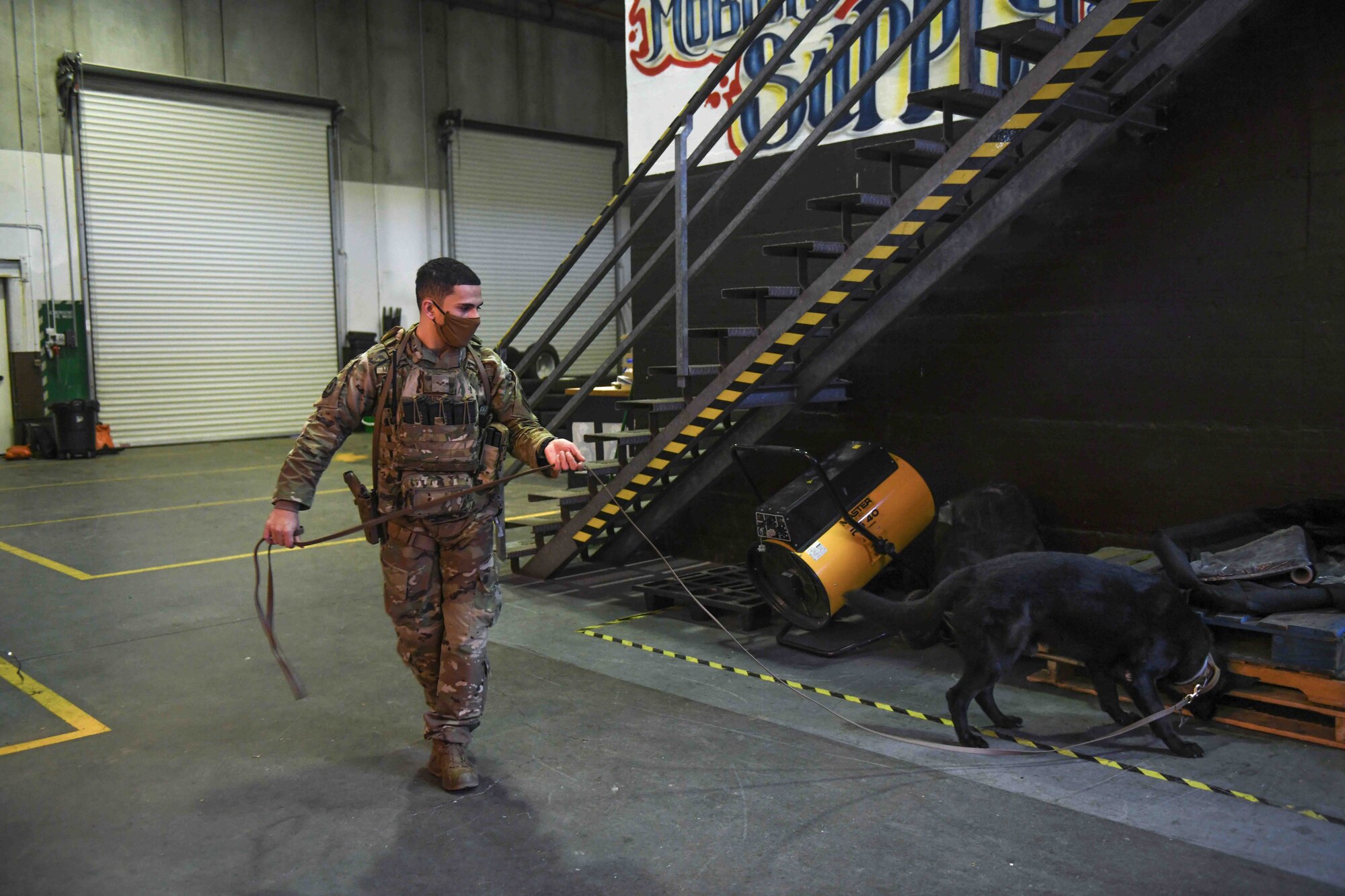 Senior Airman Daniel Martinez, 31st Security Forces Squadron military working dog handler and his K-9 counterpart, Tibi, train at Aviano Air Base, Italy, Jan. 4, 2021. MWDs and their handlers are teams that provide security, crime prevention patrols, emergency response, and intruder detection at permanent duty stations and deployed locations around the world. MWDs and their handlers train daily to ensure each are capable of completing the mission. (U.S. Air Force photo by Senior Airman Ericka A. Woolever)