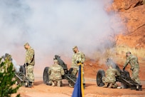 Members of Utah National Guard 2nd Battalion, 222nd Field Artillery fire a 19-gun cannon salute at his inauguration ceremony at the Tuacahn Center for the Arts Amphitheatre in Ivins, Utah Jan. 4, 2021M