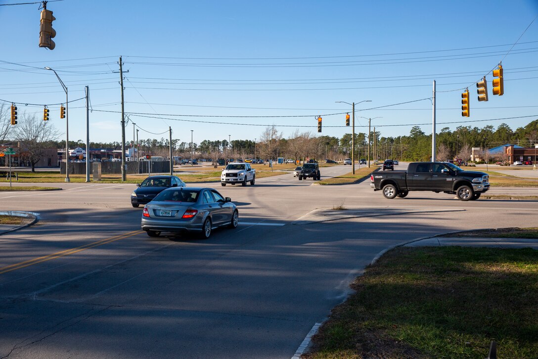 A two mile road network that includes Birch Street and this popular intersection near the exchange and commissary complex on Marine Corps Base Camp Lejeune is scheduled to be repaired, repaved and widened to improve traffic flow and safety in this area. The $17.5M project will take two years to complete and is scheduled to start in early January 2021. (U.S. Marine Corps photo by Christian H. Ayers)