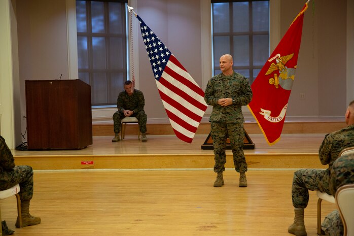 U.S. Marine Corps Sgt. Maj. Charles A. Metzger, outgoing sergeant major for Marine Corps Installations East-Marine Corps Base Camp Lejeune, gives his remarks during a relief and appointment ceremony at Marston Pavilion on MCB Camp Lejeune, North Carolina, Dec. 21, 2020. Metzger retired after 30 years of honorable service to the Marine Corps. (U.S. Marine Corps photo by Cpl. Ginnie Lee)