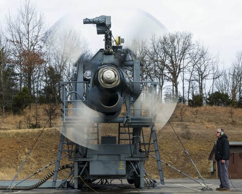 A newly upgraded T-56 Rolls Royce 3.5 modified engine is tested at various speeds and monitored by  Contract Field Team member, Barry Wertz,  to ensure the engine and propeller meets performance specifications on Jan. 4, 2021, at Little Rock Air Force Base, Ark., before delivery to an Air Force Reserve or Air National Guard C-130H Hercules squadron. Contract Field Team members at the test cell facility ensure each engine is serviceable, troubleshoots any issues, and performs additional inspections. (U.S. Air Force Reserve photo by Maj. Ashley Walker)