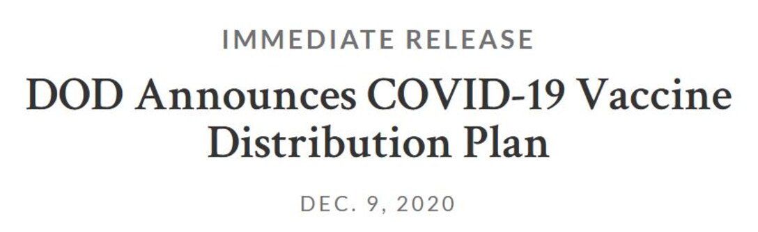 Today, the Department of Defense announced its deliberate and phased plan to distribute and administer initial and subsequent allocations of the COVID-19 vaccine.