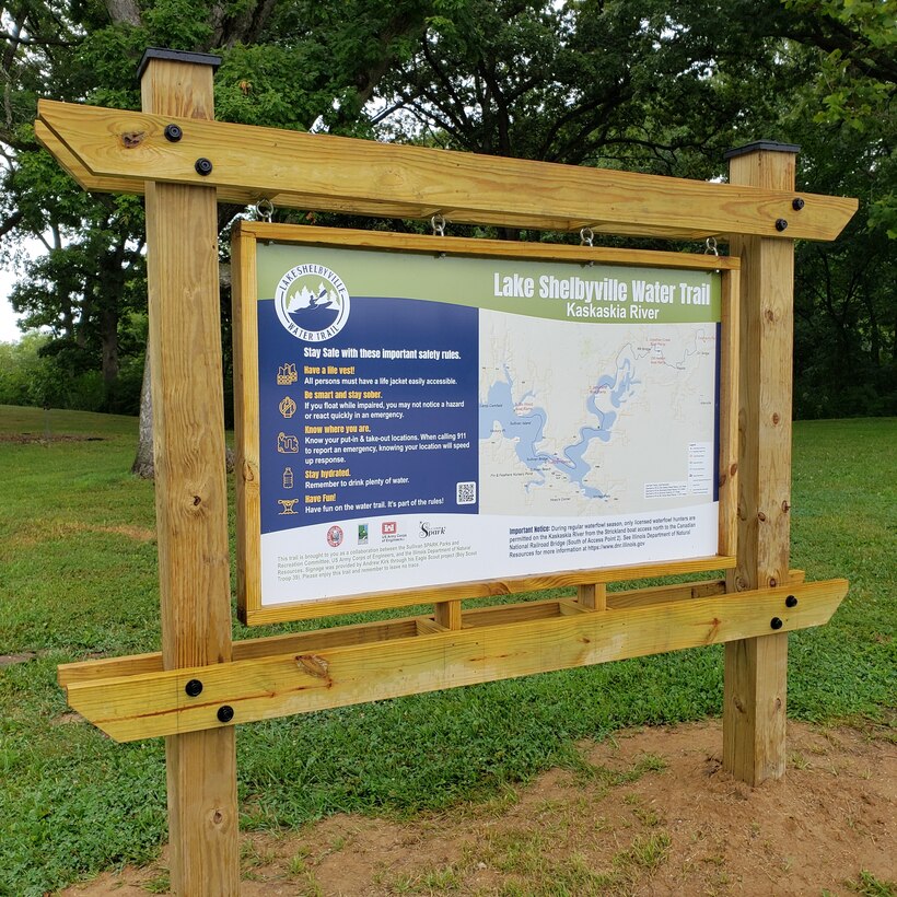 Lake Shelbyville Water Trail information board, designed and built by Eagle Scout Andrew Kirk, set in place at Forrest W. Bo Wood for the Kaskaskia Branch users.