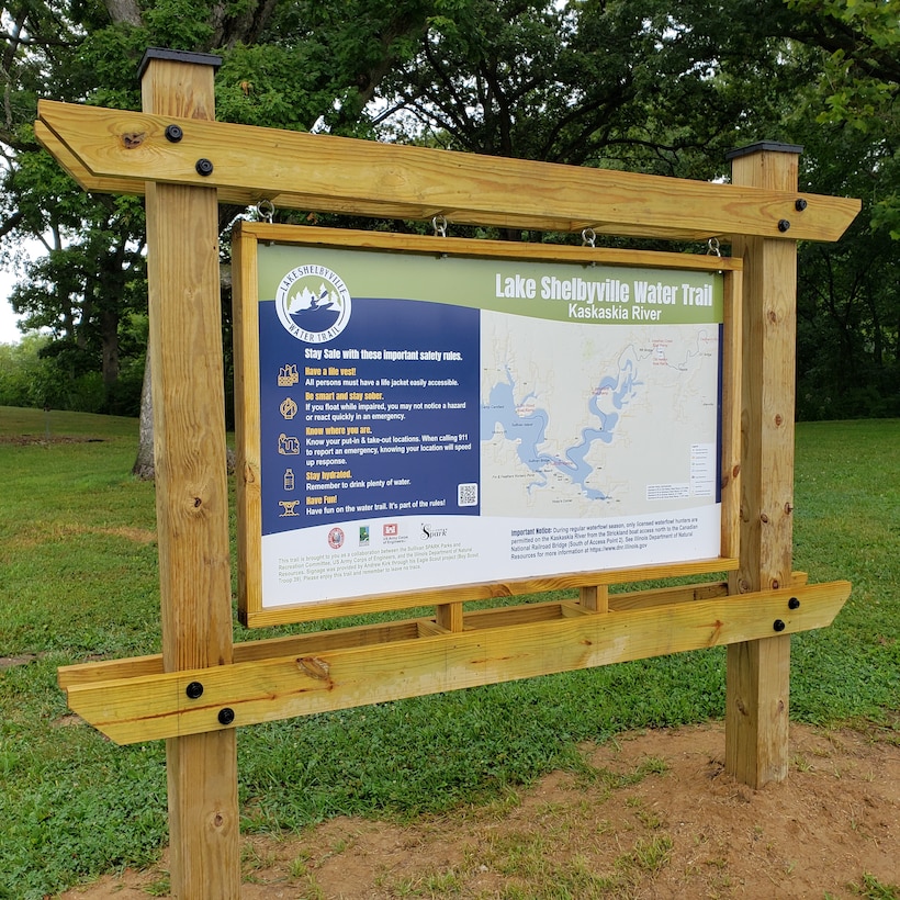 Lake Shelbyville Water Trail information board, designed and built by Eagle Scout Andrew Kirk, set in place at Forrest W. Bo Wood for the Kaskaskia Branch users.