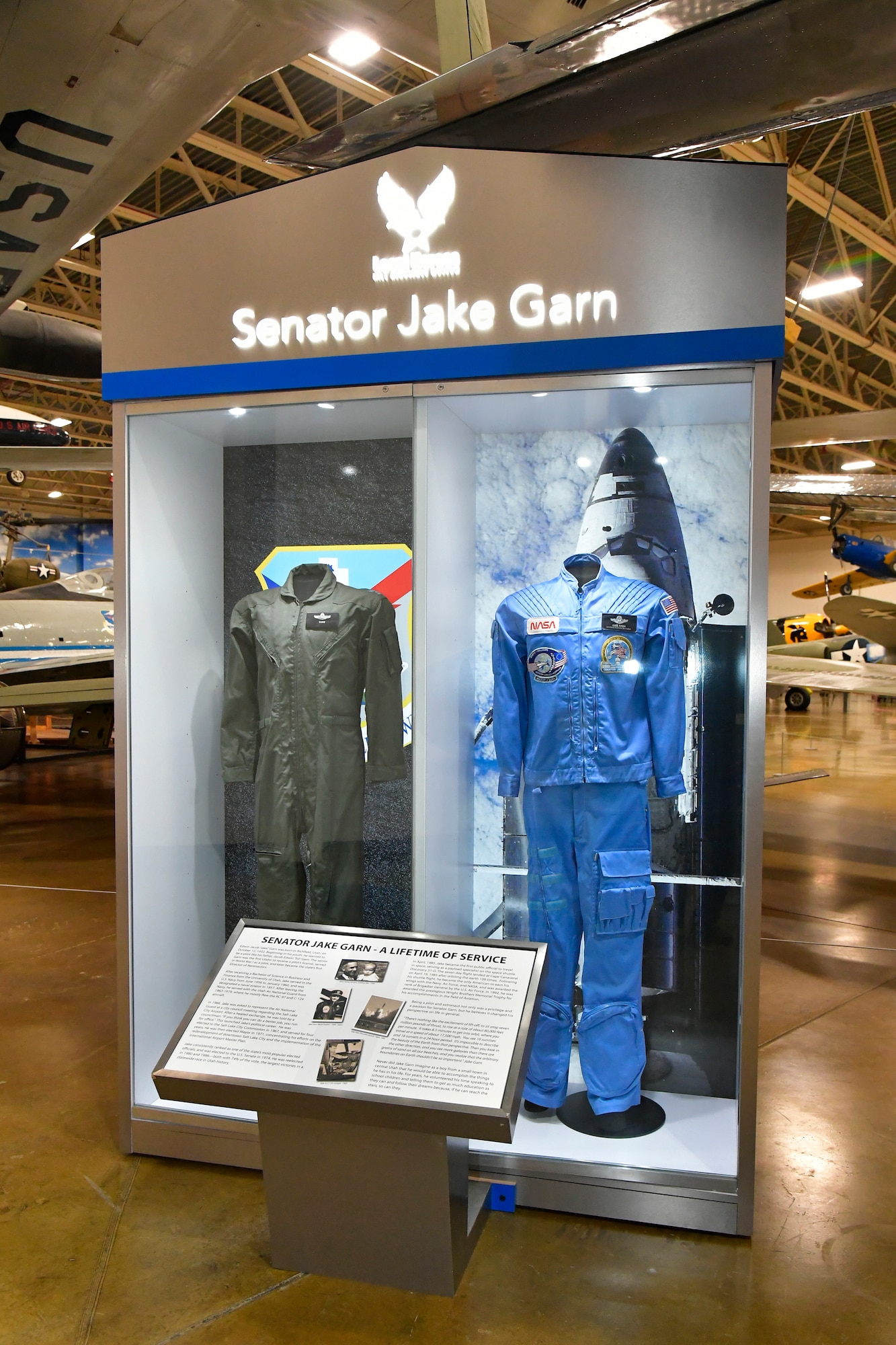 The exhibit of former Utah Sen. Jake Garn featuring his astronaut and flight suit.