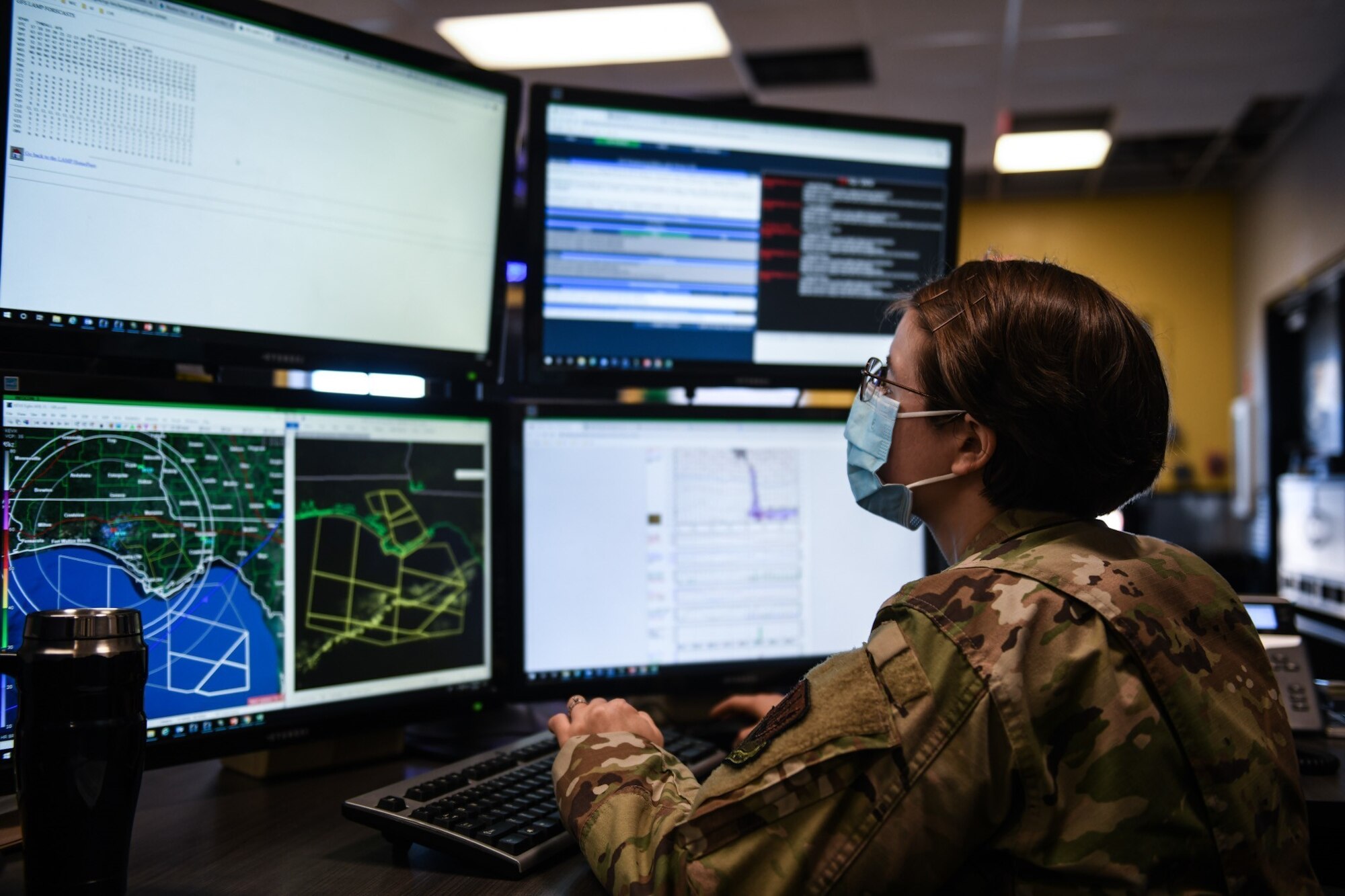 U.S. Air Force Airman 1st Class Amanda Landelius, 325th Operations Support Squadron weather journeyman analyzes information to input into a Terminal Aerodrome Forecast on Tyndall Air Force Base, Florida, Jan. 5, 2021. The TAF is a worksheet put together by the weather team to monitor and predict daily forecasts within the airspace. (U.S. Air Force photo by Airman 1st Class Tiffany Price)