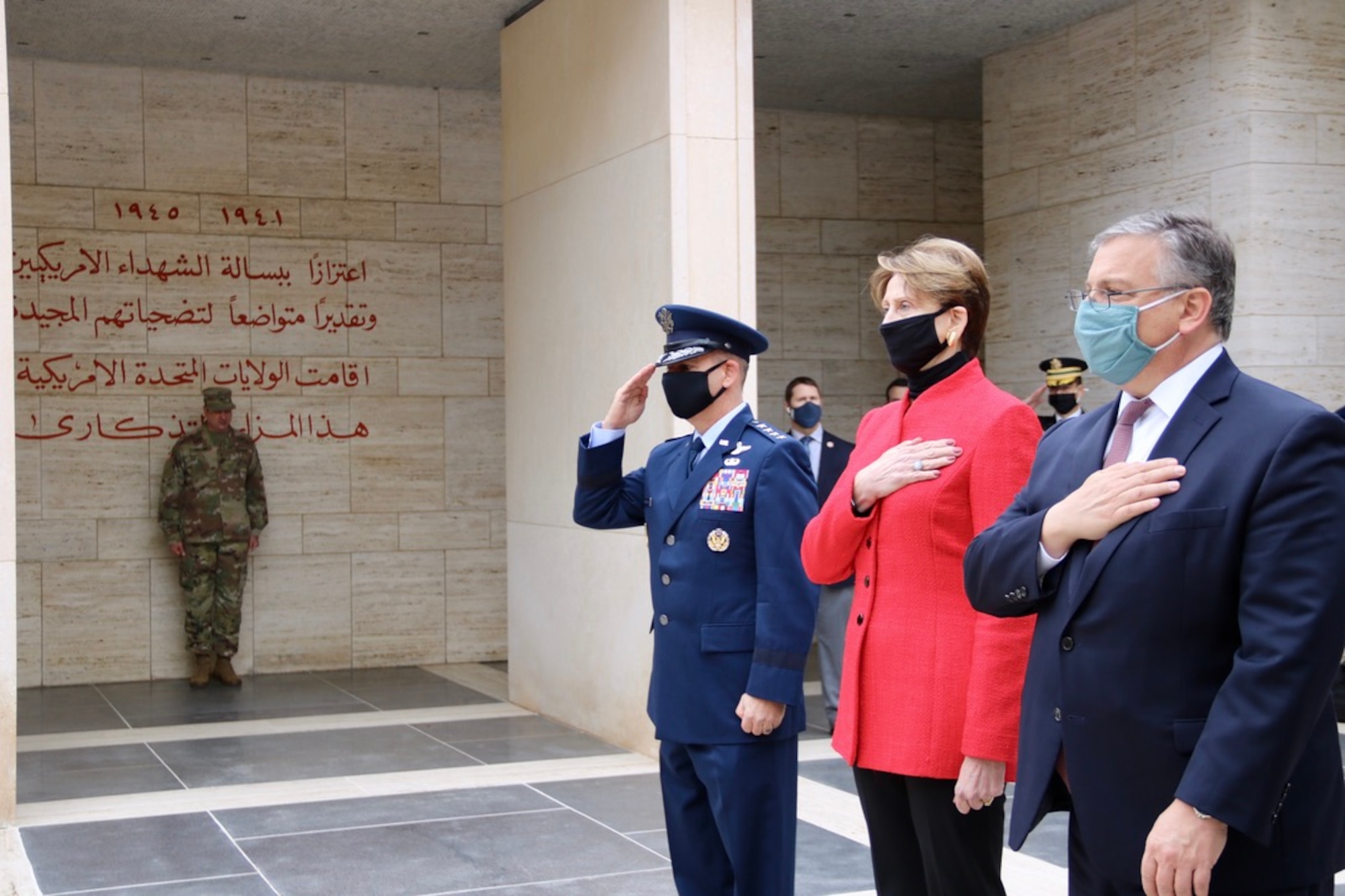 Gen. Jeff Harrigian, U.S. Air Forces in Europe and Air Forces Africa commander, Barbara Barrett, Secretary and the Air Force, and Donald Blome, U.S. Ambassador to Tunisia, attend a ceremony at the North Africa American Cemetery, Tunisia, Jan. 6, 2020. Harrigian visited various locations in North Africa to reaffirm the U.S. military's commitment to the region. (U.S. Embassy Tunis courtesy photo)