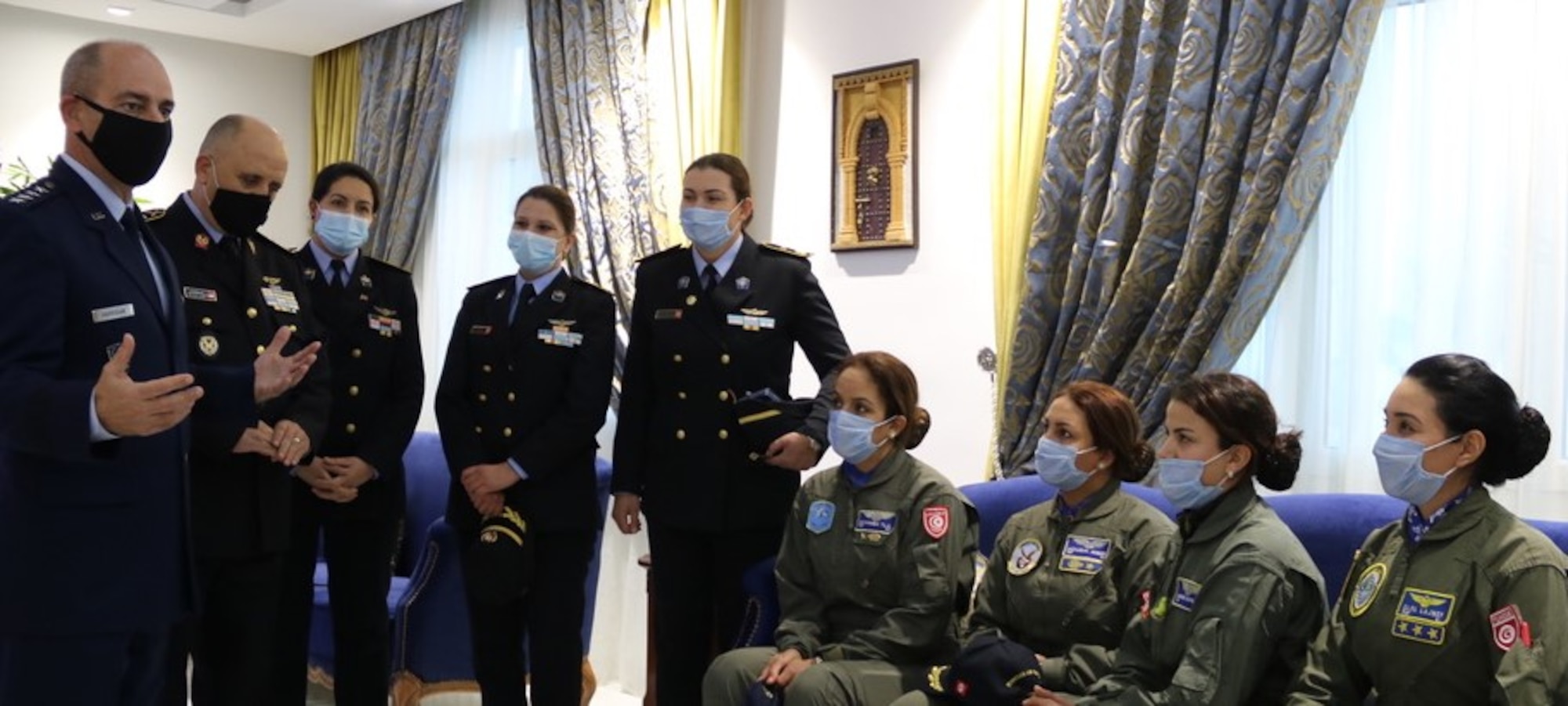 Gen. Jeff Harrigian, U.S. Air Forces in Europe and Air Forces Africa commander, speaks with female Tunisian military personnel during a visit to Alouina Air Base, Tunisia, Jan. 6, 2020. Harrigian visited various locations in North Africa to reaffirm the U.S. military's commitment to the region. (U.S. Embassy Tunis courtesy photo)