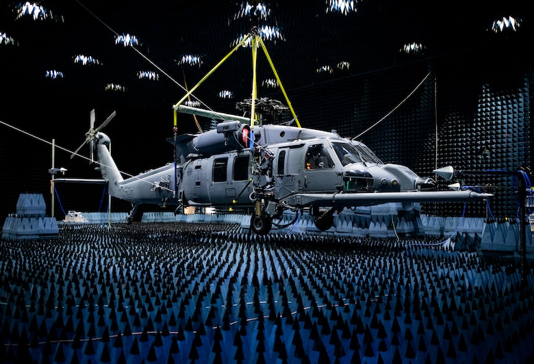 A 413th Flight Test Squadron HH-60W Pave Hawk hangs in the anechoic chamber at the Joint Preflight Integration of Munitions and Electronic Systems hangar, Jan. 6, 2020, at Eglin Air Force Base, Fla. The J-PRIMES anechoic chamber is a room designed to stop internal reflections of electromagnetic waves, as well as insulate from external sources of electromagnetic noise.
