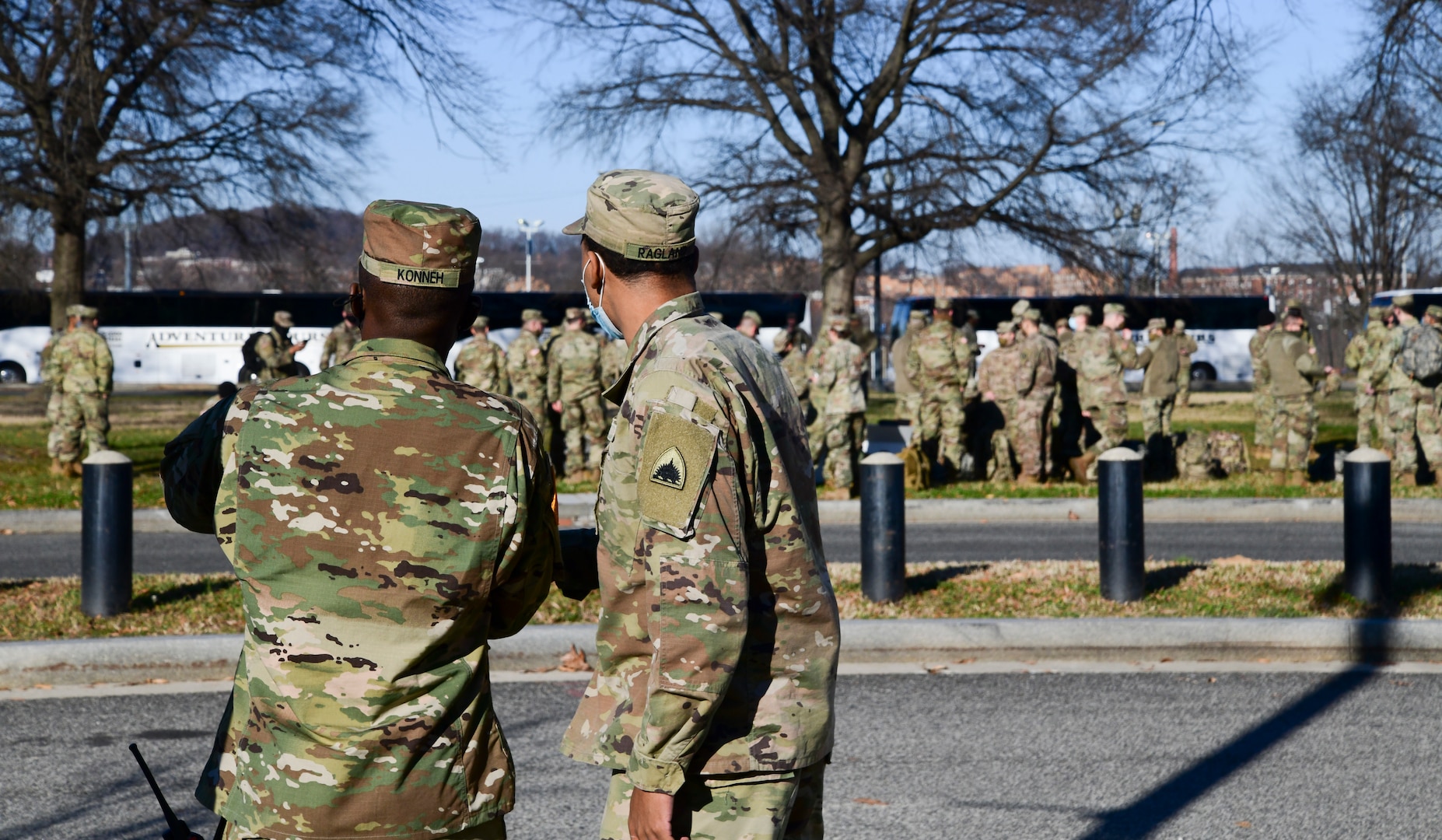 National Guard members in-process upon arriving in Washington, D.C., on Jan. 7, 2021. National Guard Soldiers and Airmen from Maryland, Virginia, Delaware, Pennsylvania, New York and New Jersey are traveling to the National Capital Region to join the District of Columbia National Guard in supporting federal and district authorities through the inauguration of President-elect Joseph Biden.