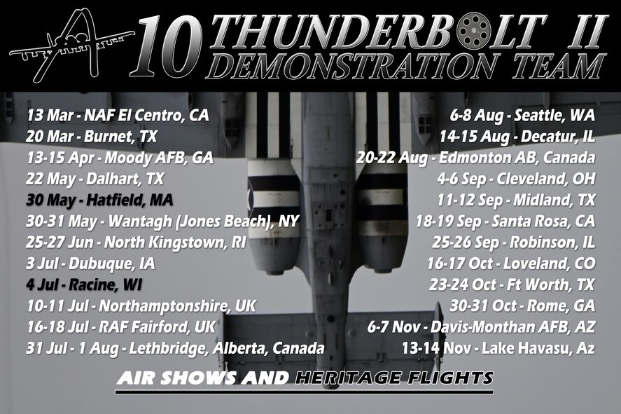 Graphic of the 2021 A-10 Thunderbolt II Demonstration Team Schedule